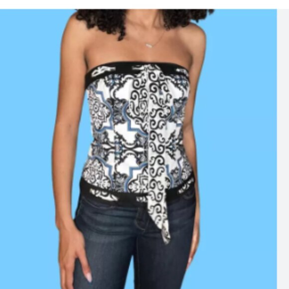 White House Black Market Medallian print Corset Top Strapless Black Size 8 NWT - Picture 1 of 8